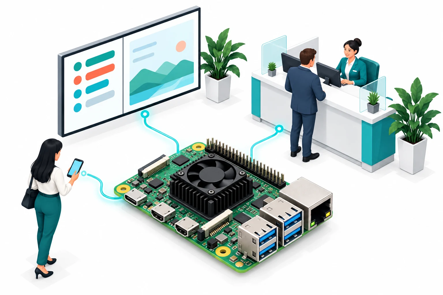 Изометрическая иллюстрация одноплатного ARM-компьютера, связанного с табло, рабочим местом и телефоном посетителя.