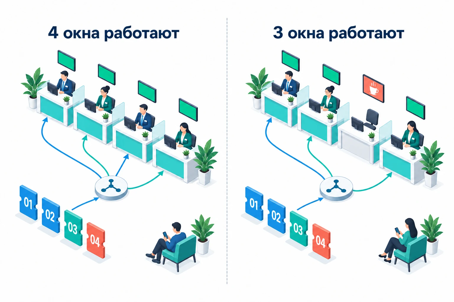 Работающие сотрудники и сотрудник на перерыве; талоны направляются к доступным рабочим местам.