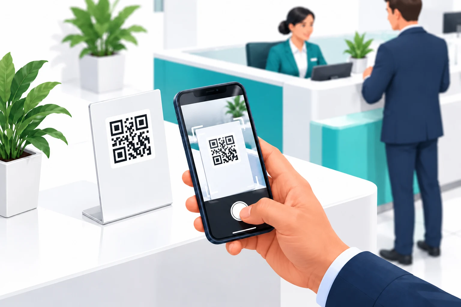 Крупный план руки со смартфоном: посетитель наводит камеру на QR-код на стойке у входа.