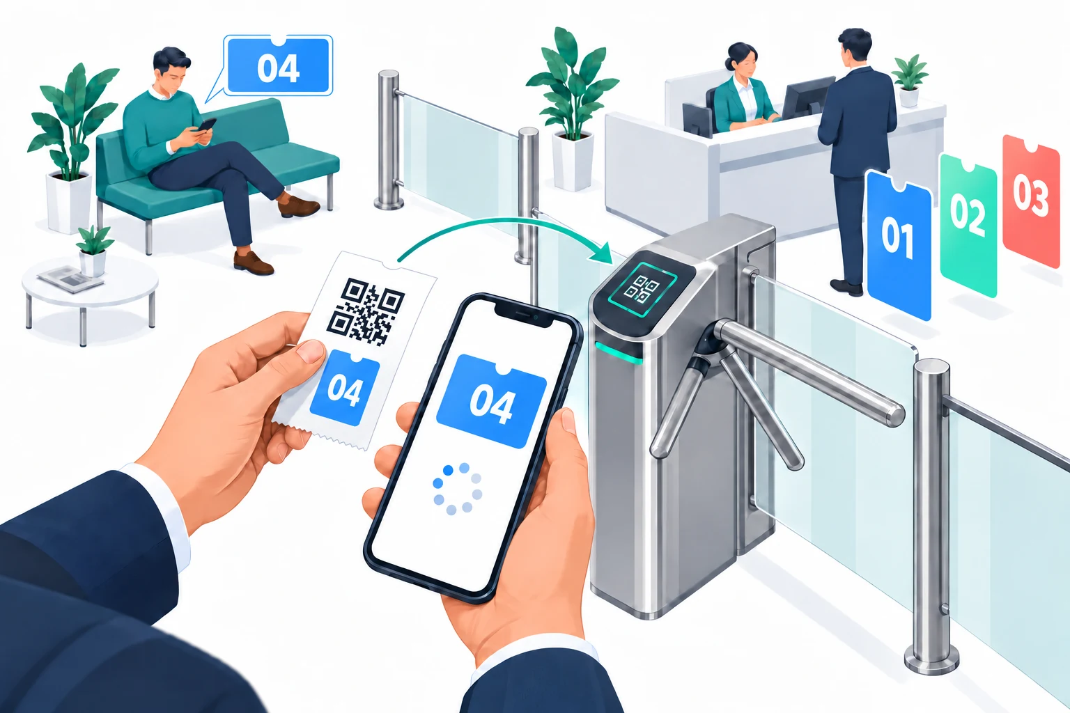 Посетитель отдыхает со смартфоном. Его синий талон 04 находится в очереди. QR бумажного талона связывает его со страницей в смартфоне.